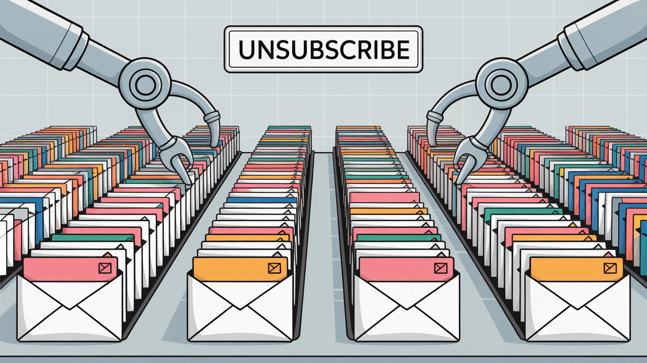 Systematic email unsubscribing process showing organized rows of promotional emails being methodically processed with automated unsubscribe workflow